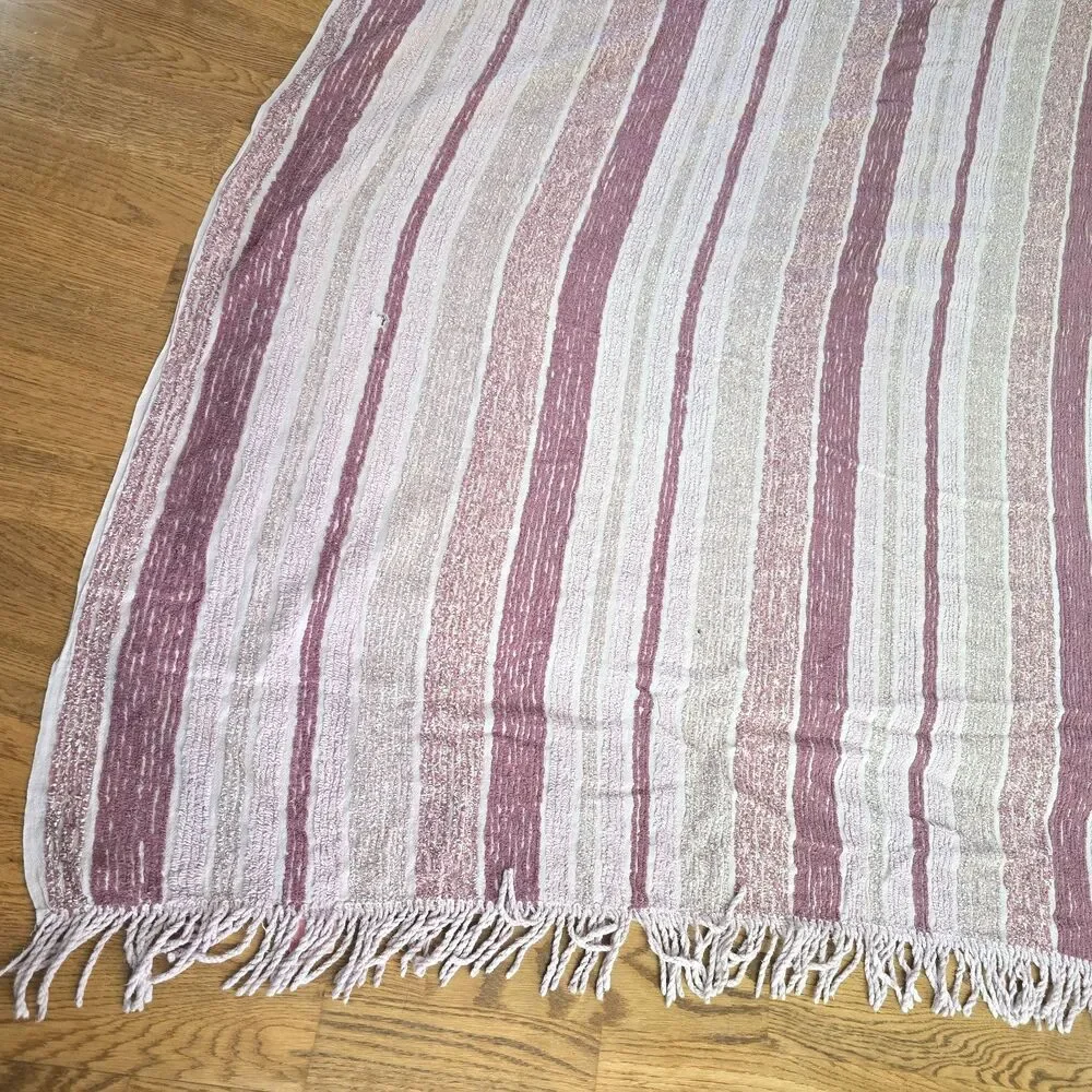 Vintage Pink Chenille Bedspread 101x90 Striped Fringe Cottage Full Queen